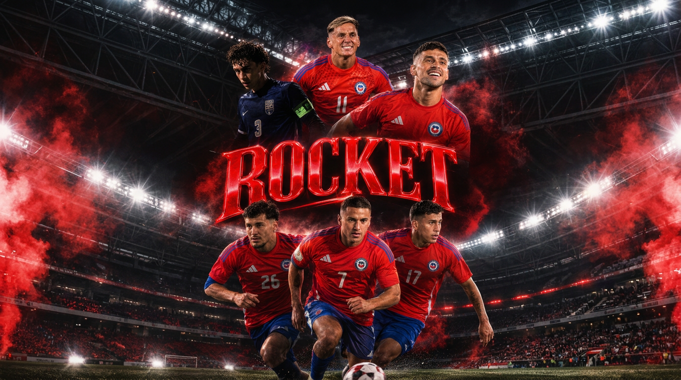 Rocket footballers in Chile kits inside a stadium